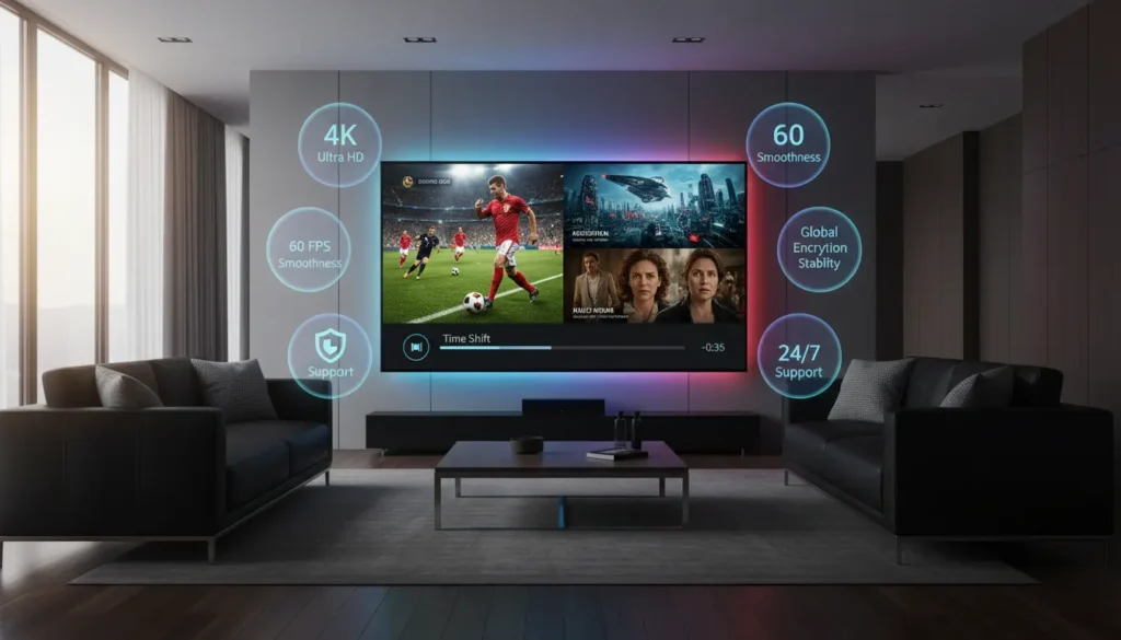مزايا اشتراك IPTV يدعم جميع القنوات المشفرة توضح الجودة 4K، استقرار السيرفرات، مكتبة VOD، التوافق مع الأجهزة، الأمان، والدعم الفني