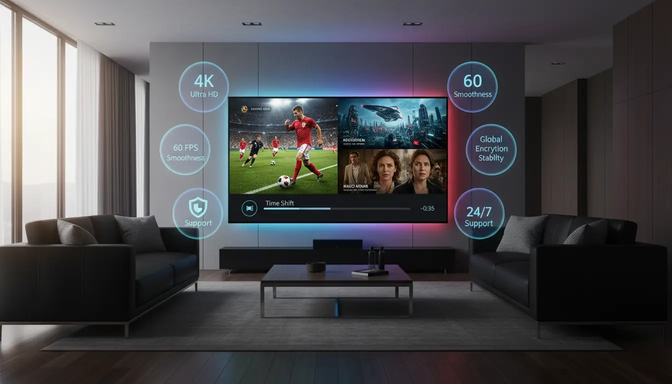 مزايا اشتراك IPTV يدعم جميع القنوات المشفرة توضح الجودة 4K، استقرار السيرفرات، مكتبة VOD، التوافق مع الأجهزة، الأمان، والدعم الفني