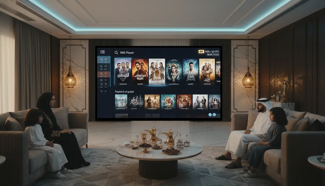 غرفة معيشة تعرض IPTV رمضان 2026 بجودة 4K Ultra HD، معدل إطارات 60 FPS، ترميز HEVC/H.265، سيرفرات قوية ومستقرة، ومكتبة مسلسلات رمضان