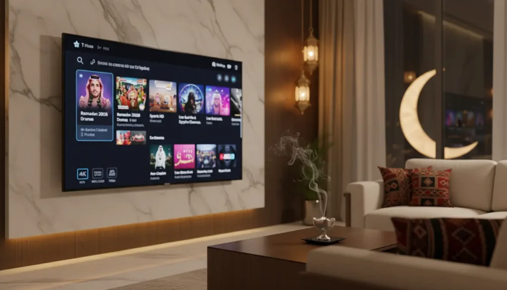 غرفة معيشة تعرض IPTV رمضان 2026 بجودة 1080p و4K، ترميز HEVC/H.265، مكتبة مسلسلات وأفلام وقنوات رياضية