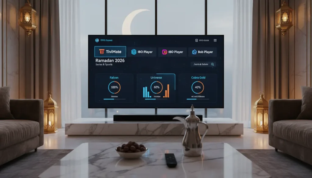 غرفة معيشة تعرض IPTV رمضان 2026 بث مستقر 4K، مكتبة مسلسلات وأفلام وقنوات رياضية، جدول مقارنة سيرفرات Falcon وUniverse وCobra Gold