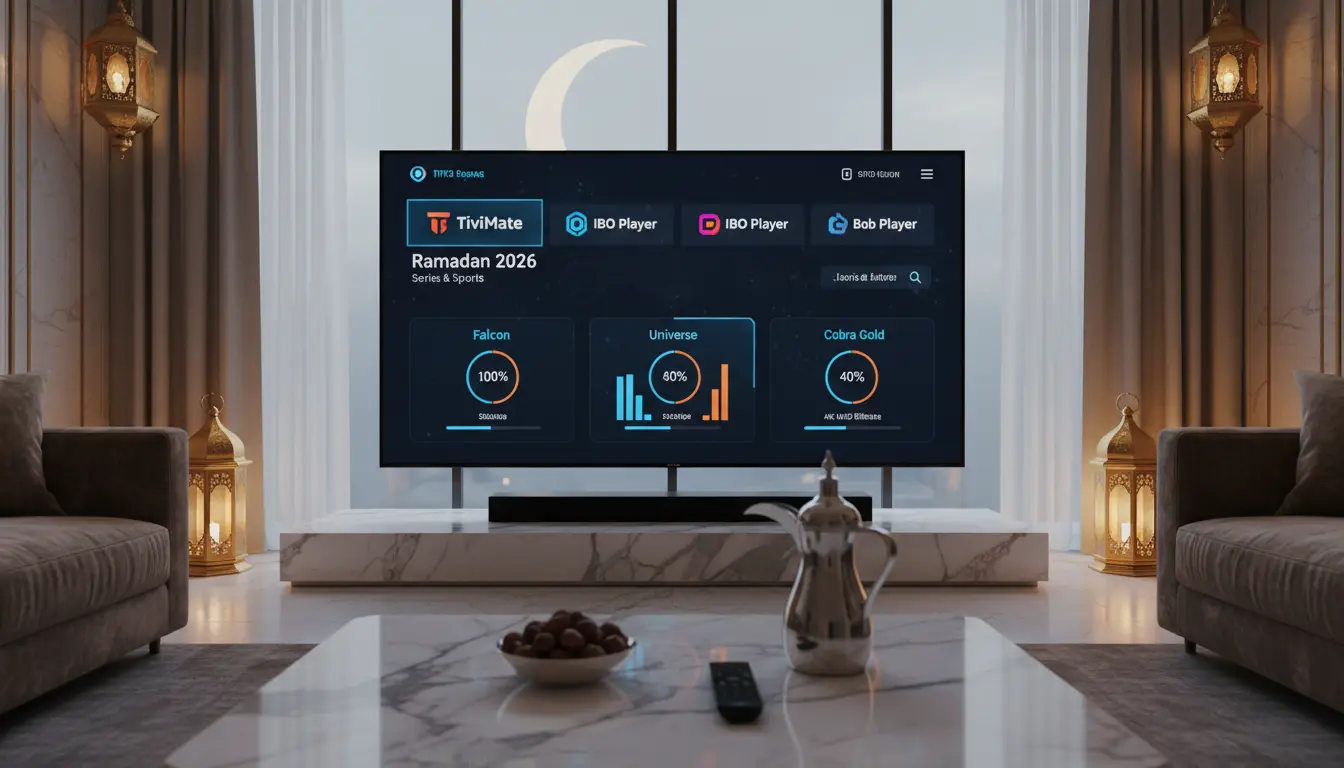 غرفة معيشة تعرض IPTV رمضان 2026 بث مستقر 4K، مكتبة مسلسلات وأفلام وقنوات رياضية، جدول مقارنة سيرفرات Falcon وUniverse وCobra Gold