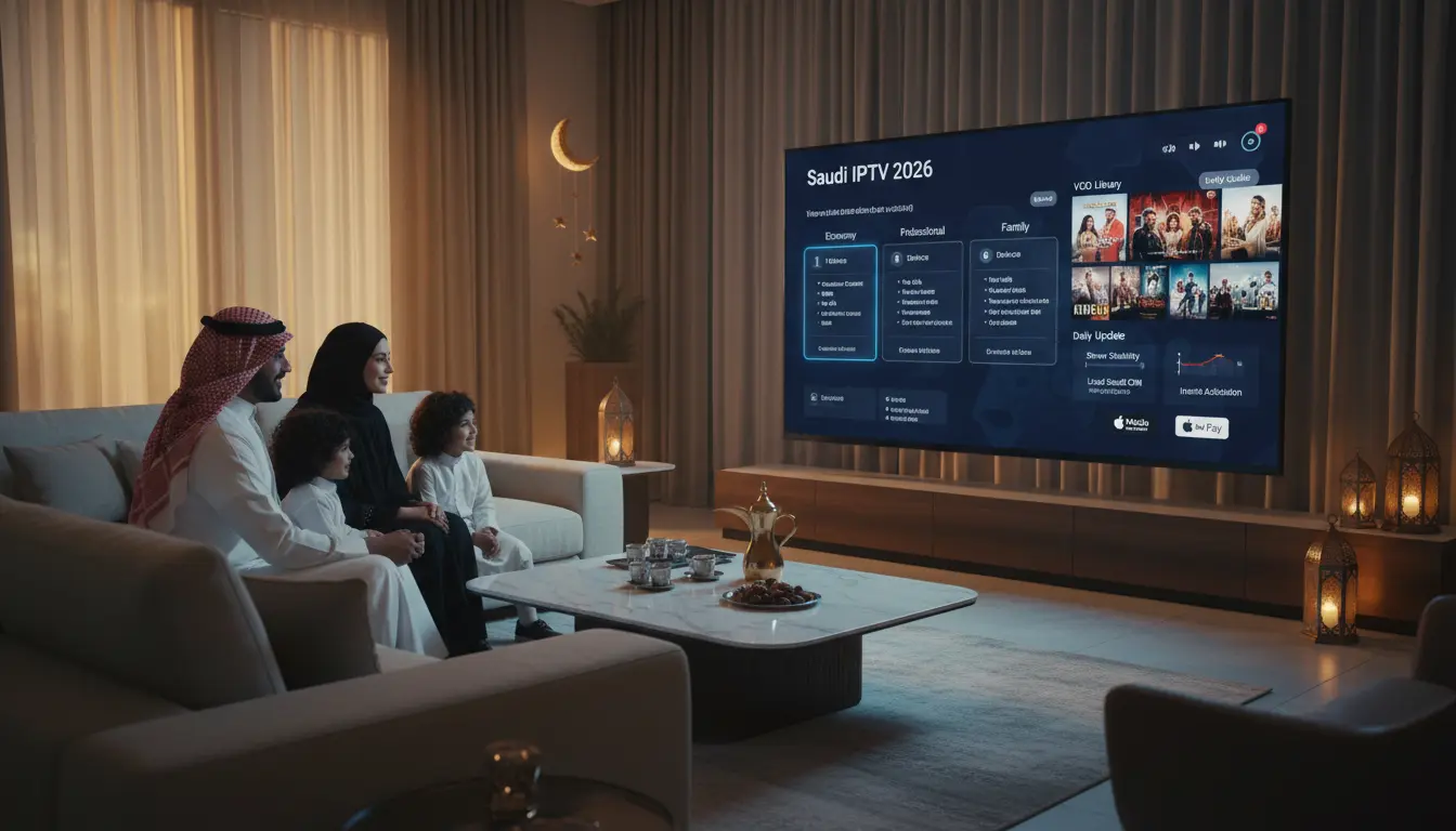 غرفة معيشة تعرض IPTV السعودية 2026 بجودة 4K، رسم بياني لفئات الاشتراك الاقتصادي والاحترافي والعائلي، مكتبة مسلسلات وأفلام VOD محدثة، استقرار السيرفرات المحلية وCDN، الدفع الآمن