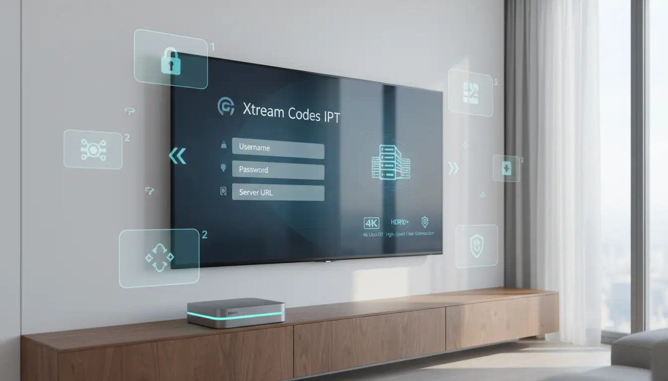 جهاز TV Box يعرض واجهة Xtream Codes، خطوات تفعيل الاشتراك مع أيقونات اسم المستخدم وكلمة المرور ورابط السيرفر