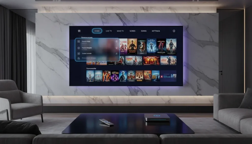واجهة تطبيق مشغل IPTV احترافي تعرض قائمة القنوات ودليل البرامج الإلكتروني EPG