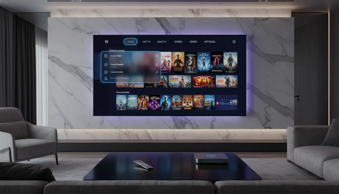 واجهة تطبيق مشغل IPTV احترافي تعرض قائمة القنوات ودليل البرامج الإلكتروني EPG