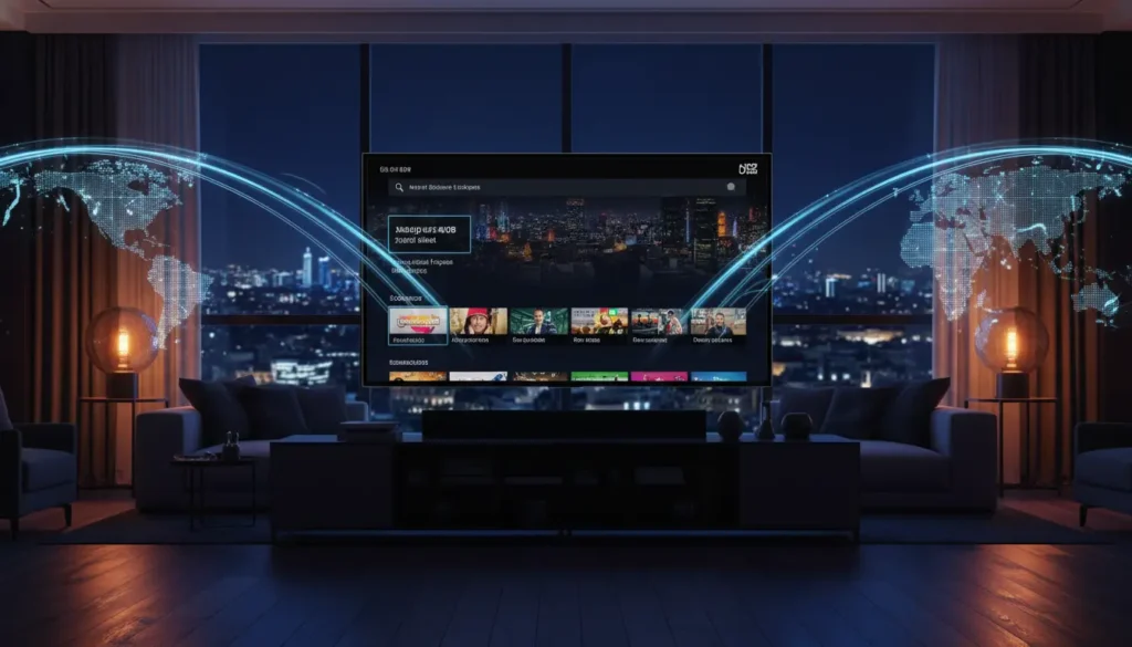 صورة توضح مشاهدة القنوات العربية في أوروبا عبر اشتراك IPTV مستقر على شاشة تلفاز ذكية
