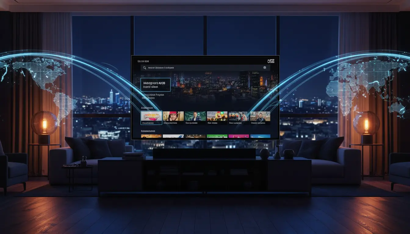 صورة توضح مشاهدة القنوات العربية في أوروبا عبر اشتراك IPTV مستقر على شاشة تلفاز ذكية