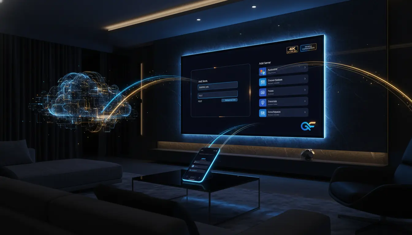 صورة توضح كيفية إضافة رابط IPTV على شاشة تلفاز ذكية وتطبيق الهاتف لضمان بث مستقر