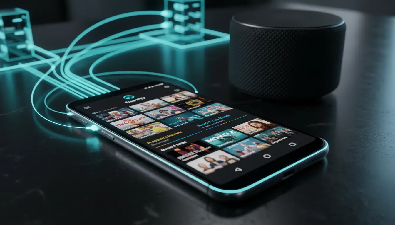 صورة لهاتف أندرويد يعرض تطبيق IPTV مجاني مع قوائم القنوات والمكتبة الرقمية لضمان بث مستقر
