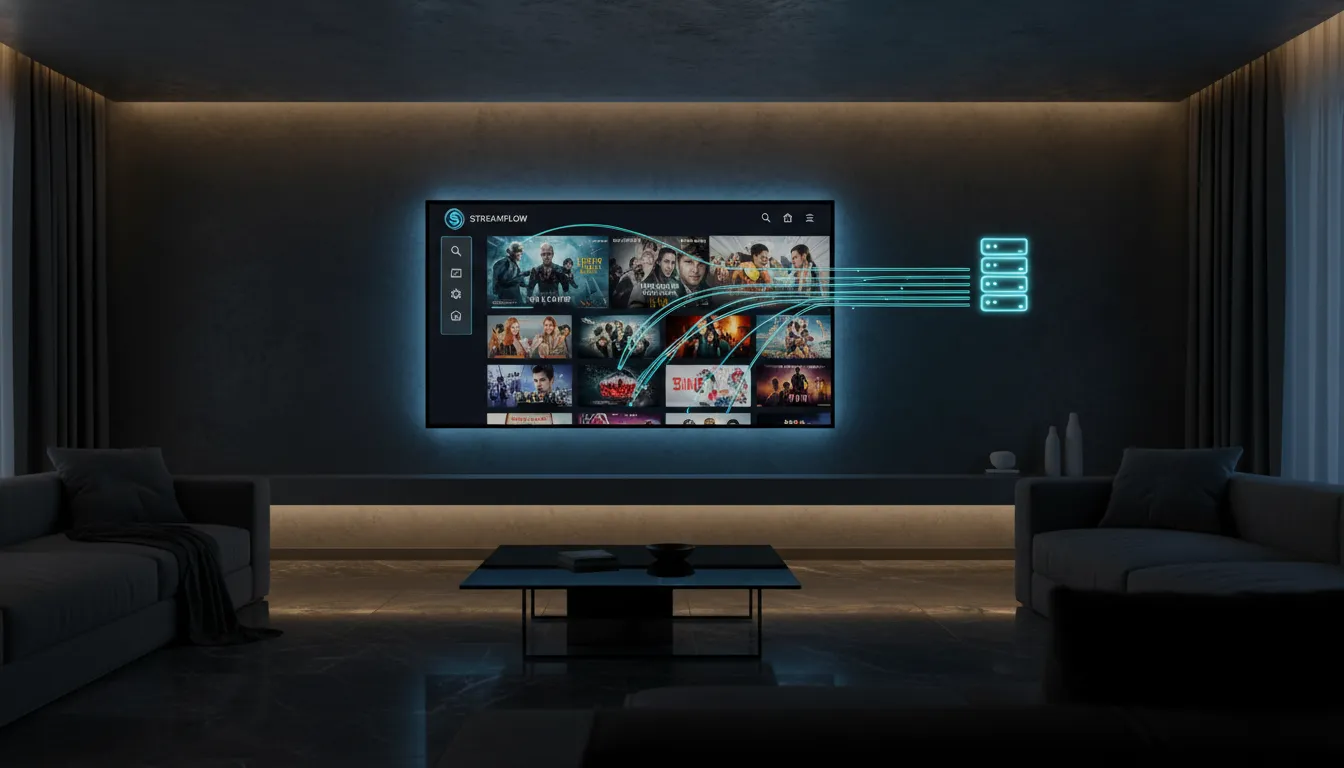 صورة لشاشة ذكية تعرض تطبيق IPTV مع قوائم قنوات وأفلام محسّنة للبث على الإنترنت البطيء لضمان تجربة مشاهدة سلسة ومستقرة