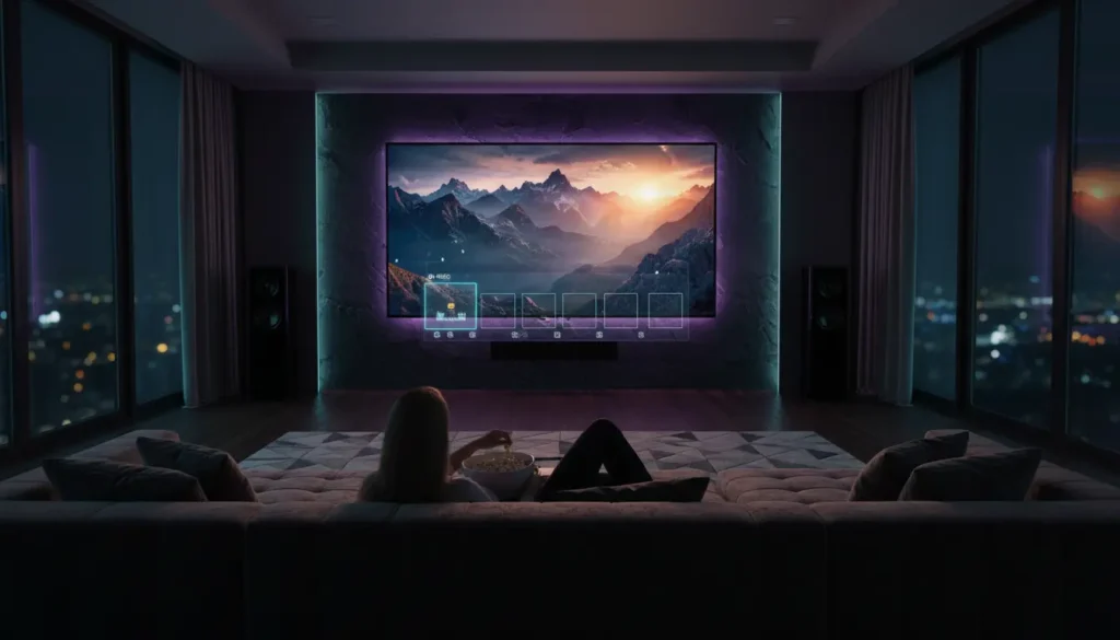 مشاهدة أفلام ومسلسلات عبر IPTV على شاشة ذكية بدقة 4K في غرفة معيشة حديثة