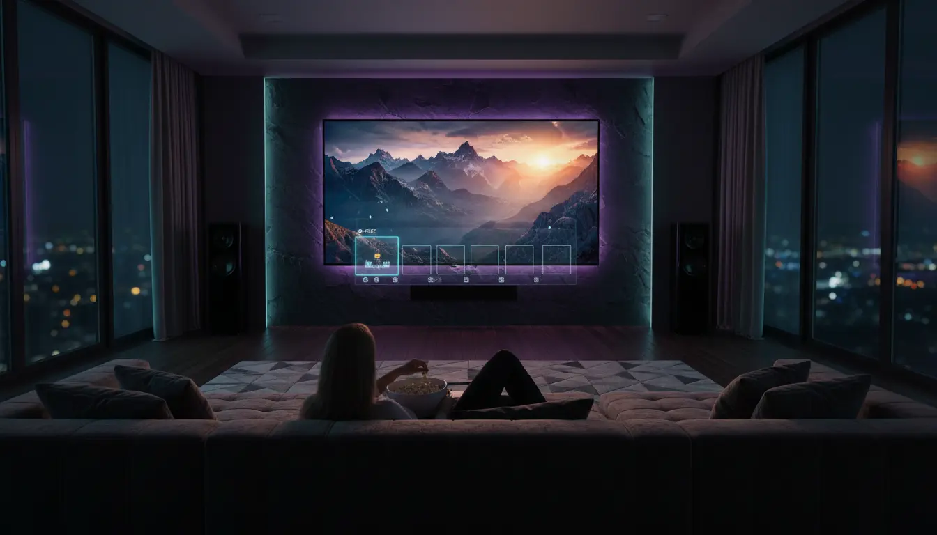 مشاهدة أفلام ومسلسلات عبر IPTV على شاشة ذكية بدقة 4K في غرفة معيشة حديثة